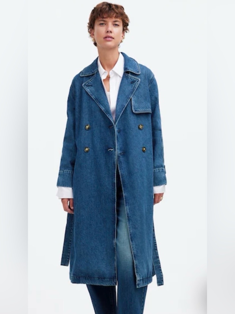 Madewell Blue Denim Double-Breasted Belted Ravenwood Wash Trench Coat Womens M